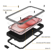 Load image into Gallery viewer, Étui en métal pour iPhone 15, Coque robuste de qualité militaire [antichoc] en corps complet [argenté]
