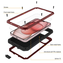 Charger l'image dans la galerie, Coque en métal pour iPhone 15, étui militaire résistant avec armure, protection antidérapante pour l'ensemble du téléphone [anti-chocs], solide [rouge].
