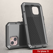 Load image into Gallery viewer, Étui en métal pour iPhone 15, Coque robuste de qualité militaire [antichoc] en corps complet [argenté]
