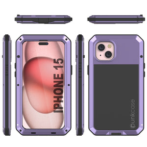 Coque métallique pour iPhone 15, étui robuste de grade militaire, [antichoc], rigide pour tout le corps, couleur violette.