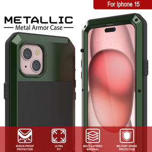 Coque en métal pour iPhone 15, étui robuste de qualité militaire [antichoc] intégral et solide [vert foncé]