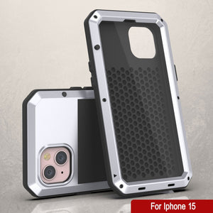 Coque en métal pour iPhone 15, étui résistant aux chocs, de qualité militaire, robuste, recouvrant tout le corps [blanc].