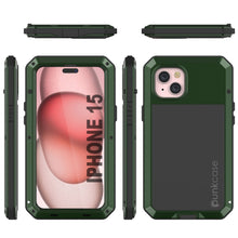 Load image into Gallery viewer, Coque en métal pour iPhone 15, étui robuste de qualité militaire [antichoc] intégral et solide [vert foncé]
