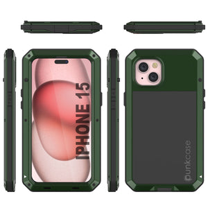 Coque en métal pour iPhone 15, étui robuste de qualité militaire [antichoc] intégral et solide [vert foncé]