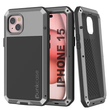Load image into Gallery viewer, Étui en métal pour iPhone 15, Coque robuste de qualité militaire [antichoc] en corps complet [argenté]
