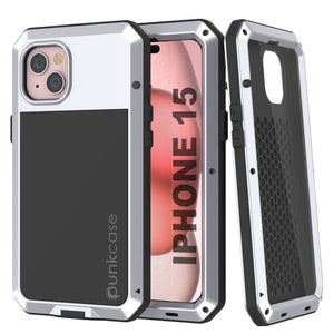 Coque en métal pour iPhone 15, étui résistant aux chocs, de qualité militaire, robuste, recouvrant tout le corps [blanc].