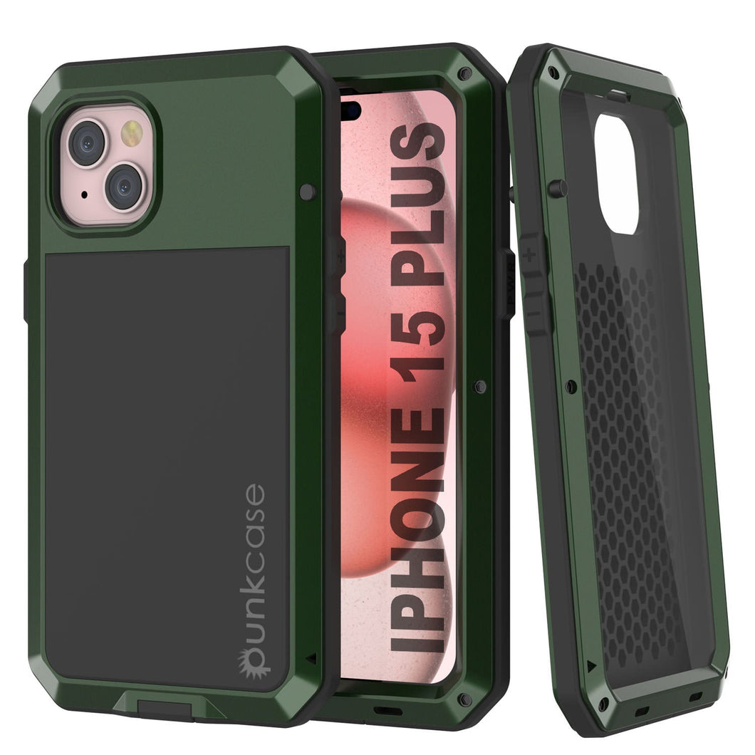 Coque en métal pour iPhone 15 Plus, avec protection militaire hautement résistante [antichoc], intégrale et robuste [Vert foncé]