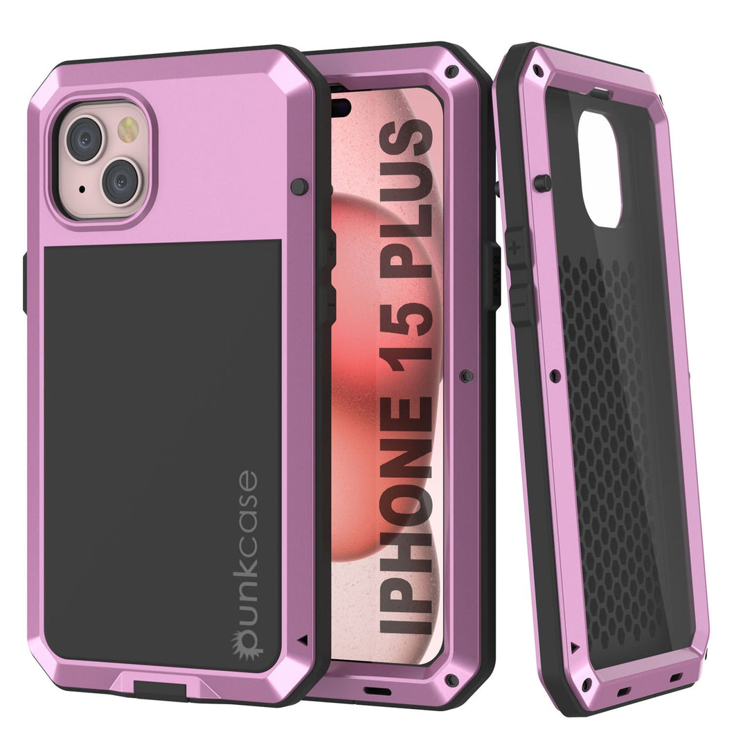 Coque métallique iPhone 15 Plus, étui robuste et résistant aux chocs de qualité militaire, couverture intégrale [antichoc] en dur [rose].
