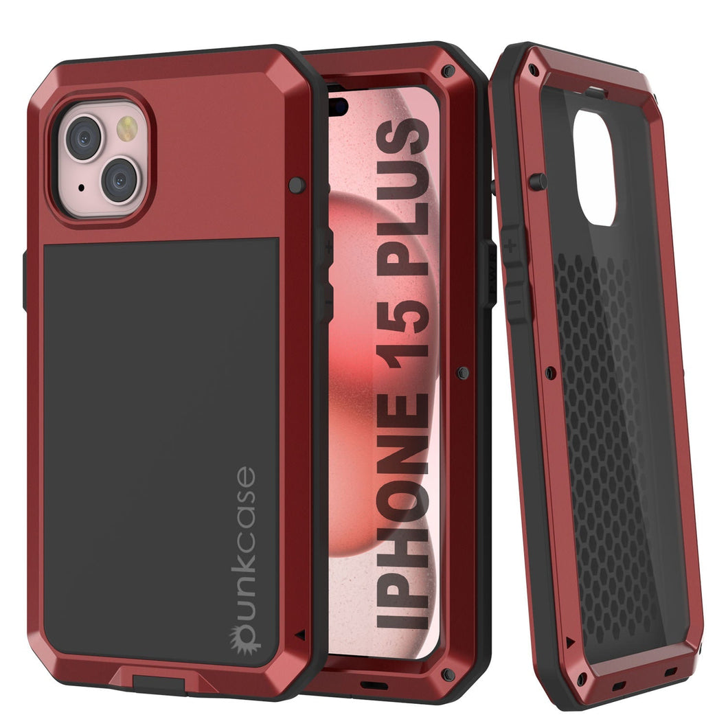 Coque métallique pour iPhone 15 Plus, robuste et résistante de qualité militaire, [anti-chocs], intégrale et solide en [rouge].