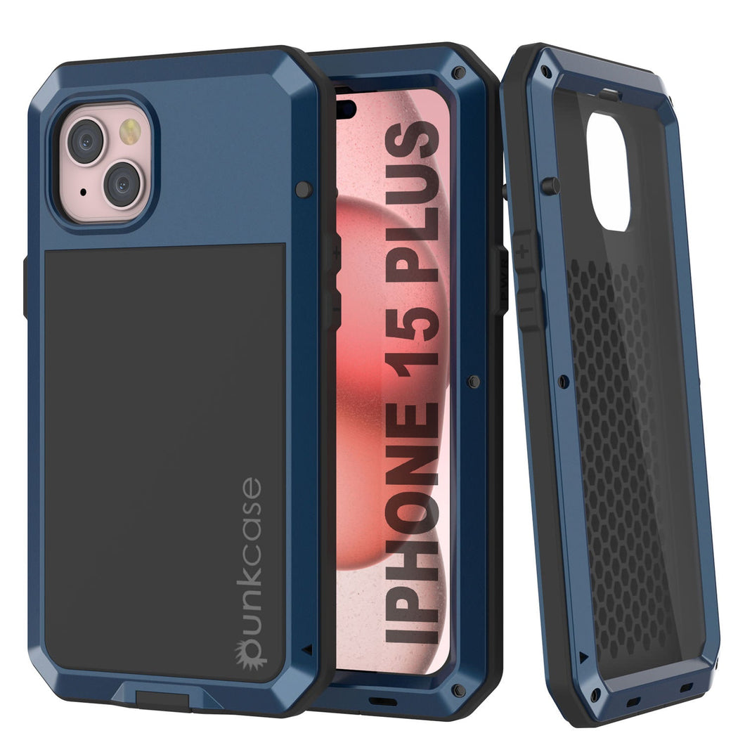 Coque en métal pour iPhone 15 Plus, étui robuste de qualité militaire [épreuve des chocs] pour protection intégrale [bleue].