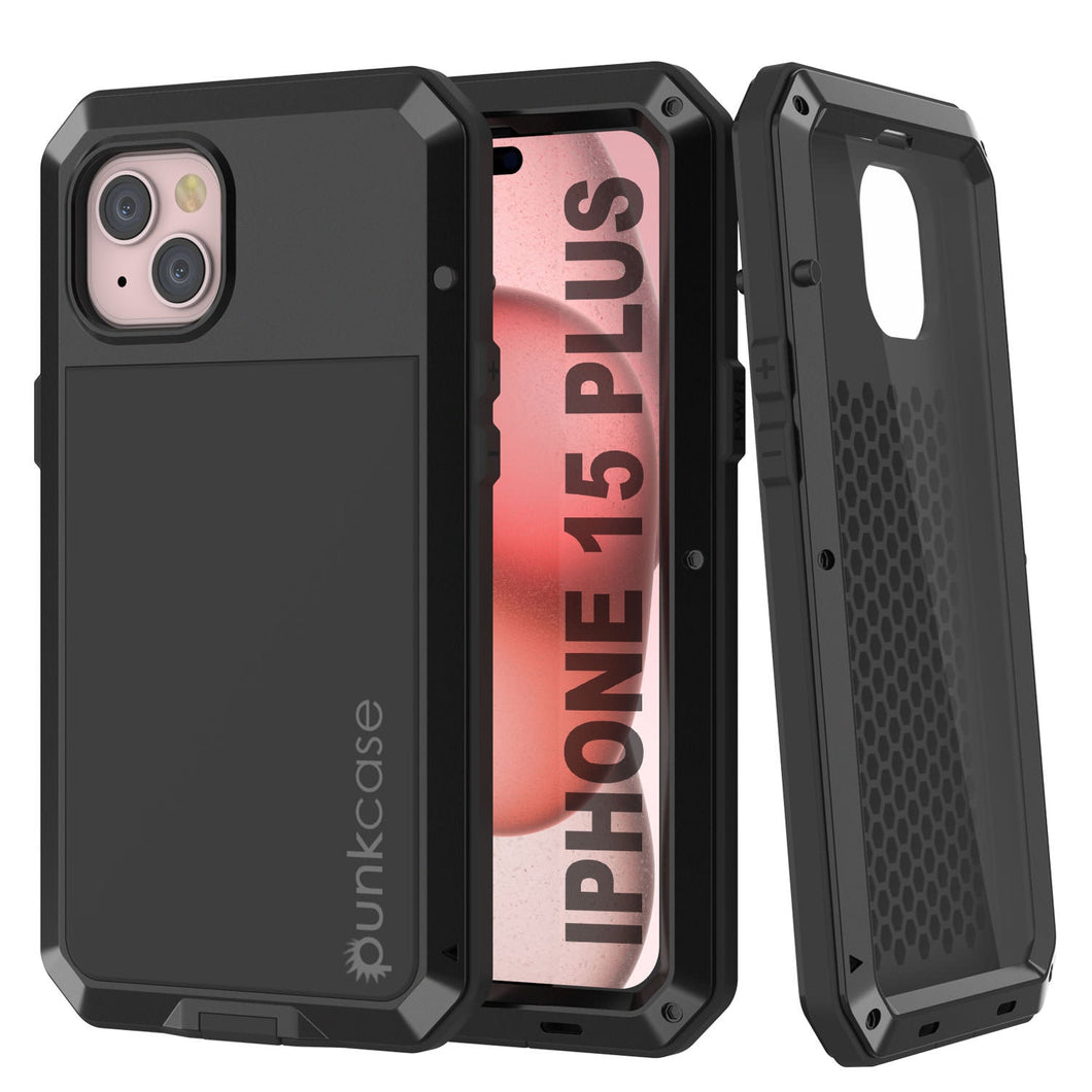 Coque en métal pour iPhone 15 Plus, robuste, de qualité militaire [anti-choc], intégrale, rigide [noire].