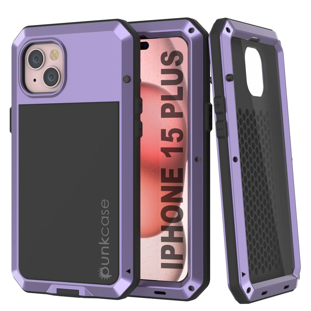 Coque en métal pour iPhone 15 Plus, étui militaire robuste à l'épreuve des chocs, en corps entier rigide, couleur violette.