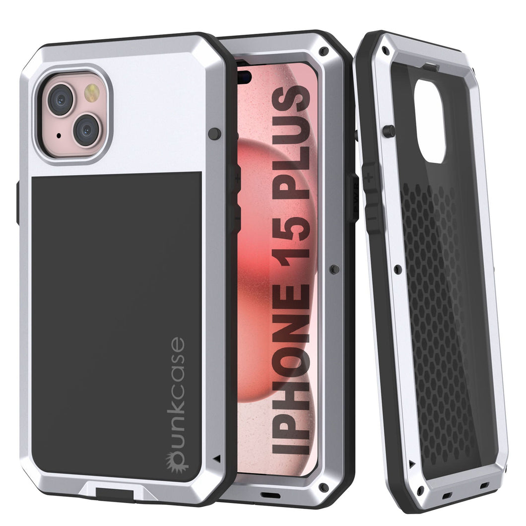 Coque en métal pour iPhone 15 Plus, étui robuste de qualité militaire [antichoc] rigide à corps entier [blanc].
