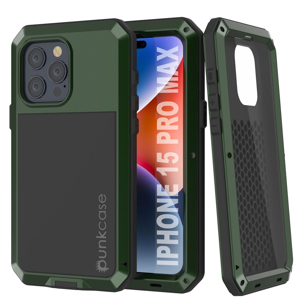 Coque en métal pour iPhone 15 Pro Max, résistance aux chocs, de qualité militaire, couvrant entièrement le corps et de couleur verte foncée.