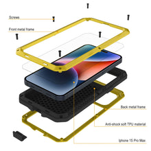 Charger l&#39;image dans la galerie, Coque en métal pour iPhone 15 Pro Max, étui résistant aux chocs de qualité militaire, intégral, rigide [jaune].

