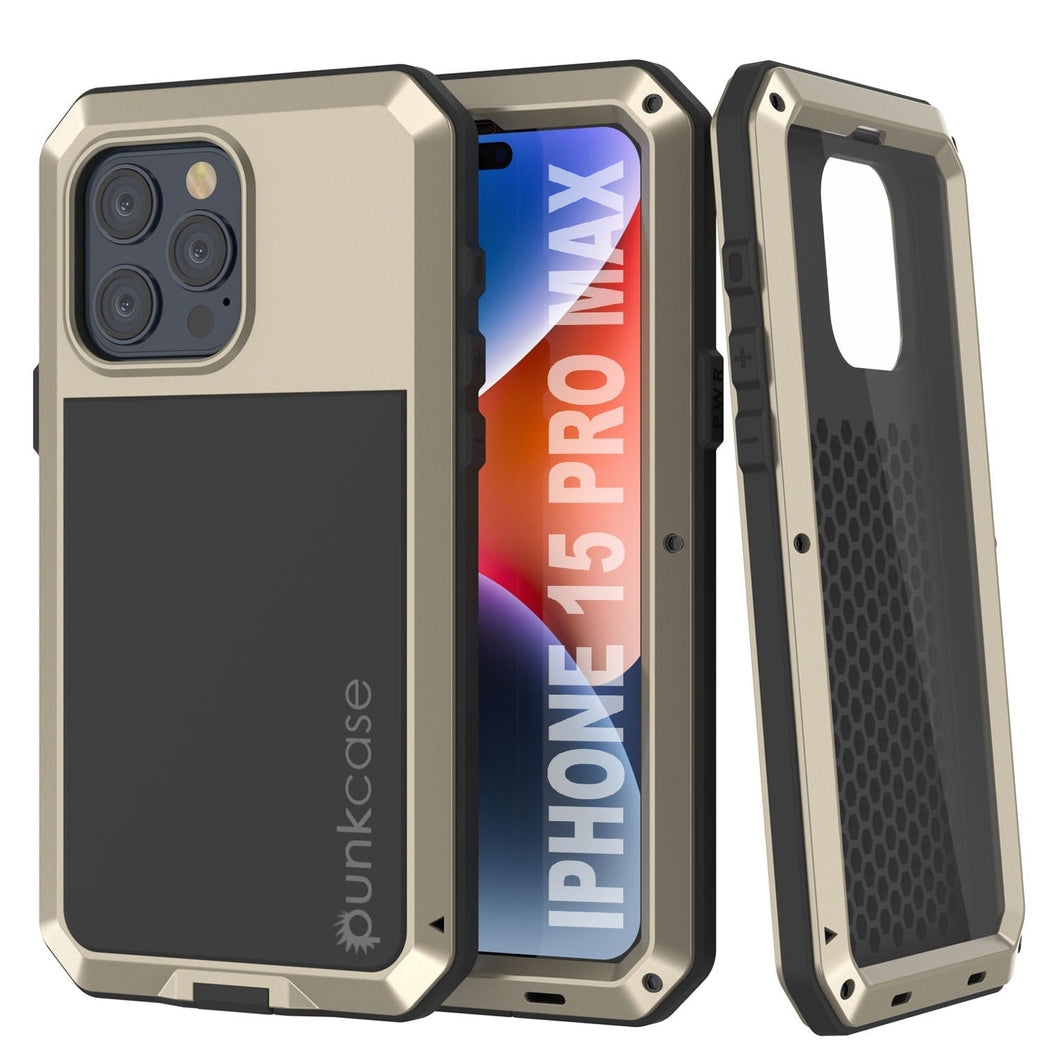 Coque en métal pour iPhone 15 Pro Max, résistance et de qualité militaire, [antichoc] intégrale et solide, couleur or.