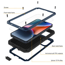 Charger l&#39;image dans la galerie, Coque en métal pour iPhone 15 Pro Max, robuste et résistance de qualité militaire, [anti-choc] intégrale et rigide [bleue].
