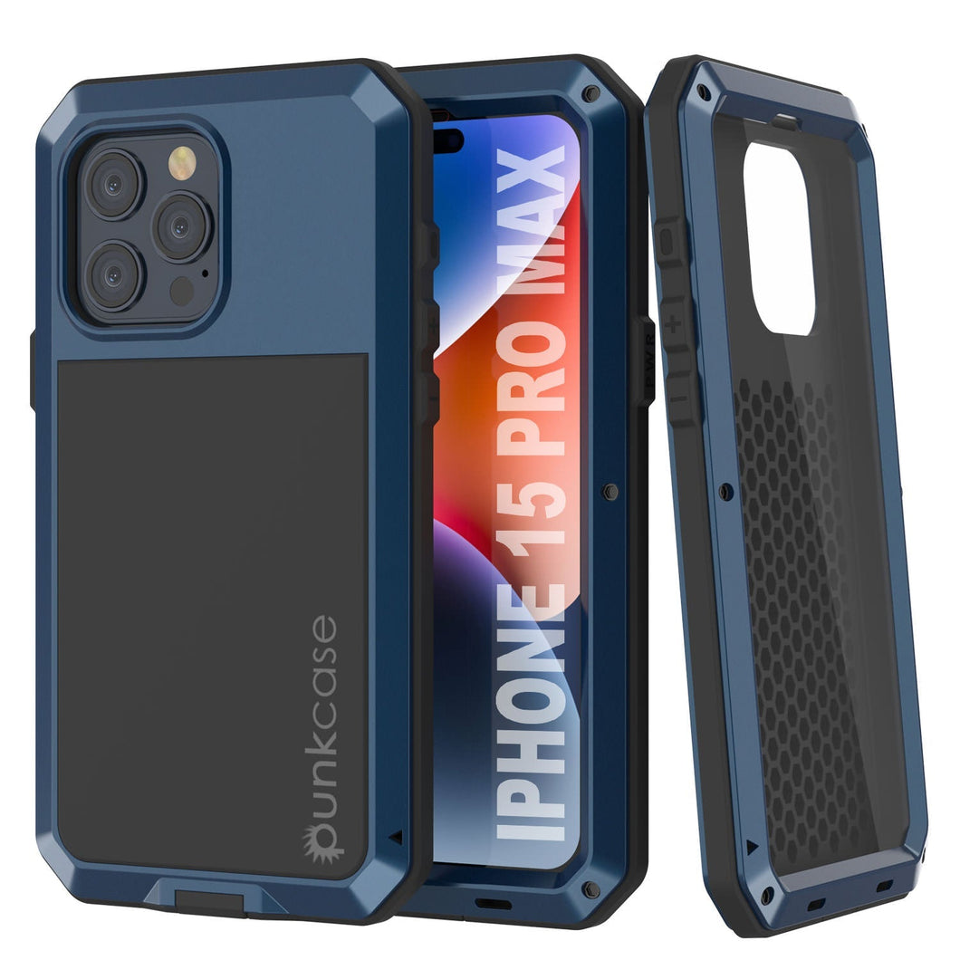 Coque en métal pour iPhone 15 Pro Max, robuste et résistance de qualité militaire, [anti-choc] intégrale et rigide [bleue].