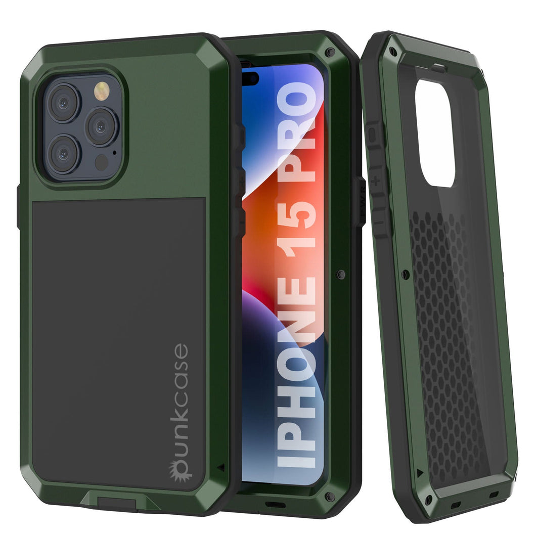 Coque en métal pour iPhone 15 Pro, résistante et durable, de qualité militaire [antichoc] intégrale, rigide, couleur verte foncée.