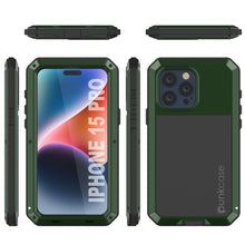 Load image into Gallery viewer, Coque en métal pour iPhone 15 Pro, résistante et durable, de qualité militaire [antichoc] intégrale, rigide, couleur verte foncée.
