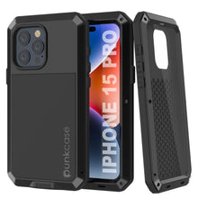 Load image into Gallery viewer, Coque en métal pour iPhone 15 Pro, protection militaire robuste [anti-choque] intégrale, rigide [noire].
