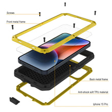 Load image into Gallery viewer, Coque en métal pour iPhone 15 Pro, étui robuste de qualité militaire [anti-chocs] en dur pour le corps entier [Jaune]
