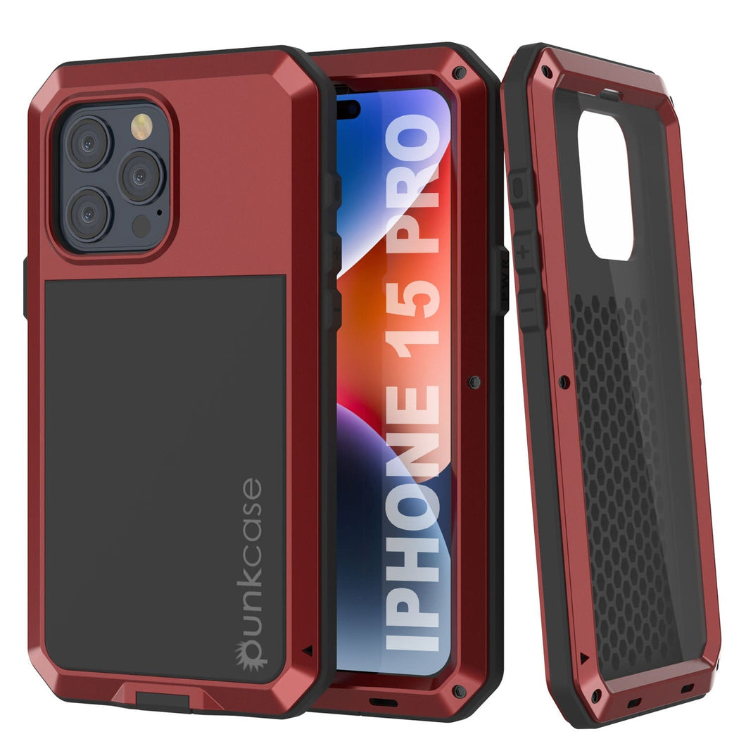 Coque en métal pour iPhone 15 Pro, étui robuste de qualité militaire [antichoc] intégral en dur [rouge].