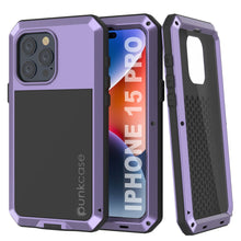 Load image into Gallery viewer, Coque en métal pour iPhone 15 Pro, étui résistant aux chocs de qualité militaire [antichoc] intégral, dure, couleur violette.
