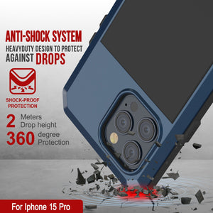 Coque de protection en métal pour iPhone 15 Pro, de qualité militaire et résistance [anti-choc], intégrale et rigide [bleue].