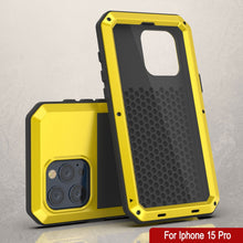 Load image into Gallery viewer, Coque en métal pour iPhone 15 Pro, étui robuste de qualité militaire [anti-chocs] en dur pour le corps entier [Jaune]
