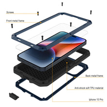 Charger l&#39;image dans la galerie, Coque de protection en métal pour iPhone 15 Pro, de qualité militaire et résistance [anti-choc], intégrale et rigide [bleue].
