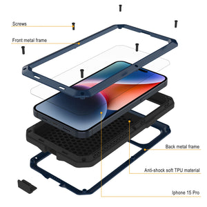 Coque de protection en métal pour iPhone 15 Pro, de qualité militaire et résistance [anti-choc], intégrale et rigide [bleue].