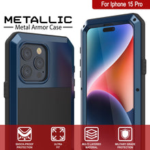 Charger l&#39;image dans la galerie, Coque de protection en métal pour iPhone 15 Pro, de qualité militaire et résistance [anti-choc], intégrale et rigide [bleue].
