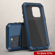 Charger l&#39;image dans la galerie, Coque de protection en métal pour iPhone 15 Pro, de qualité militaire et résistance [anti-choc], intégrale et rigide [bleue].
