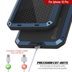 Coque de protection en métal pour iPhone 15 Pro, de qualité militaire et résistance [anti-choc], intégrale et rigide [bleue].