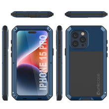 Charger l&#39;image dans la galerie, Coque de protection en métal pour iPhone 15 Pro, de qualité militaire et résistance [anti-choc], intégrale et rigide [bleue].
