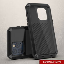 Load image into Gallery viewer, Coque en métal pour iPhone 15 Pro, protection militaire robuste [anti-choque] intégrale, rigide [noire].
