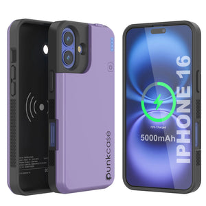 Coque de batterie pour iPhone 16, PunkJuice 5000mAH Chargeur rapide MagSafe Power Bank avec protecteur d'écran | [Violet]