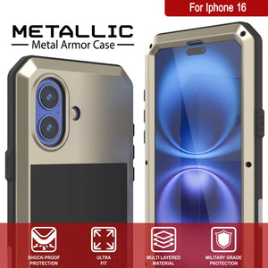 Coque en métal pour iPhone 16, coque blindée de qualité militaire très résistante [résistante aux chocs], coque intégrale rigide [dorée]