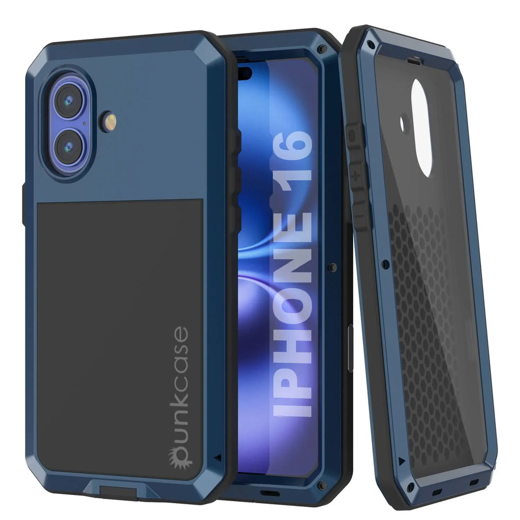 Coque en métal pour iPhone 16, coque blindée de qualité militaire très résistante [résistante aux chocs], coque rigide intégrale [bleu]