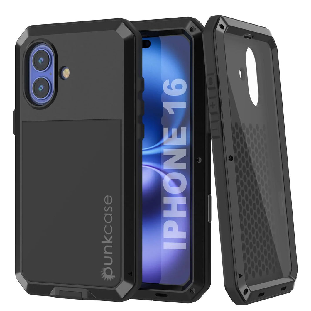 Coque en métal pour iPhone 16, coque blindée de qualité militaire très résistante [résistante aux chocs], coque intégrale rigide [noire]