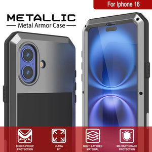 Coque en métal pour iPhone 16, coque blindée de qualité militaire très résistante [résistante aux chocs], coque intégrale rigide [argent]