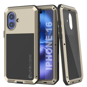 Coque en métal pour iPhone 16, coque blindée de qualité militaire très résistante [résistante aux chocs], coque intégrale rigide [dorée]