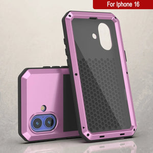 Coque en métal pour iPhone 16, coque blindée de qualité militaire très résistante [résistante aux chocs], coque rigide intégrale [rose]