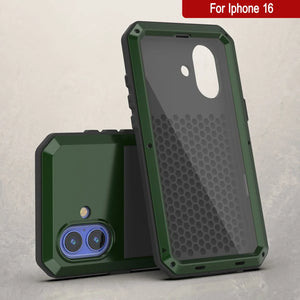 Coque en métal pour iPhone 16, coque blindée de qualité militaire très résistante [résistante aux chocs], coque intégrale rigide [vert foncé]