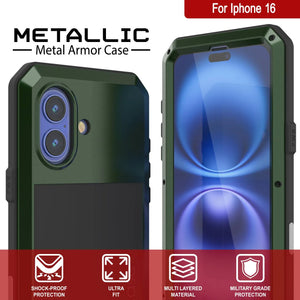 Coque en métal pour iPhone 16, coque blindée de qualité militaire très résistante [résistante aux chocs], coque intégrale rigide [vert foncé]