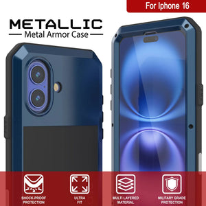 Coque en métal pour iPhone 16, coque blindée de qualité militaire très résistante [résistante aux chocs], coque rigide intégrale [bleu]