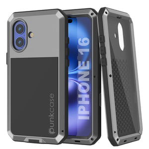 Coque en métal pour iPhone 16, coque blindée de qualité militaire très résistante [résistante aux chocs], coque intégrale rigide [argent]