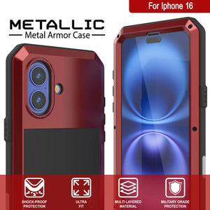 Coque en métal pour iPhone 16, coque blindée de qualité militaire très résistante [résistante aux chocs], coque intégrale rigide [rouge]