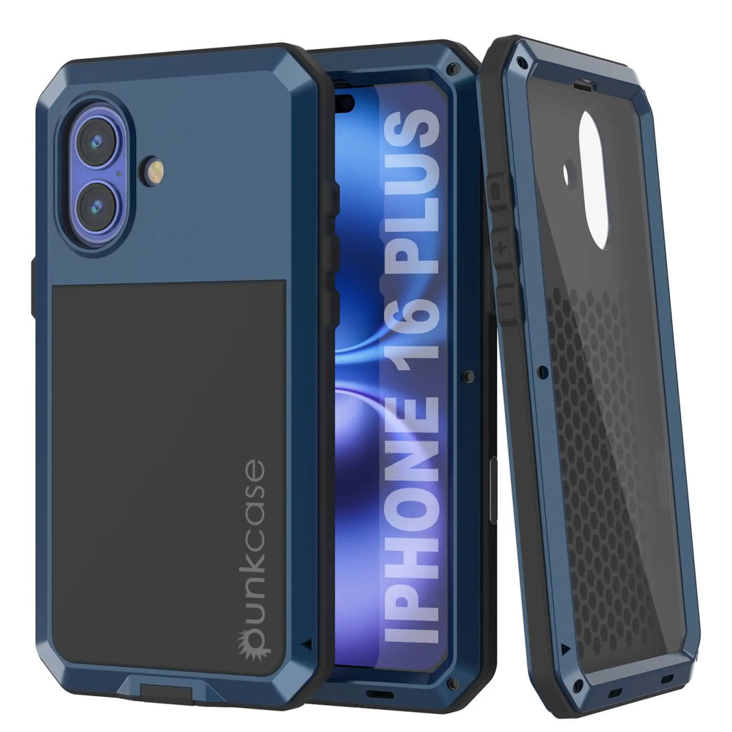 Coque en métal pour iPhone 16 Plus, coque blindée de qualité militaire très résistante [résistante aux chocs], coque intégrale rigide [bleu]